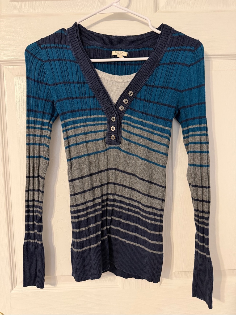 Sonoma Teal, Navy & Gray Striped Ribbed V-Neck Sweater